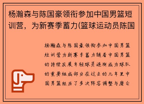 杨瀚森与陈国豪领衔参加中国男篮短训营，为新赛季蓄力(篮球运动员陈国豪)
