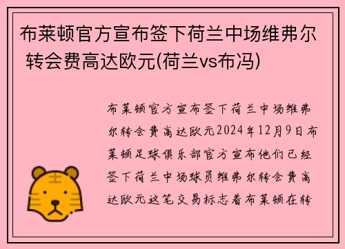 布莱顿官方宣布签下荷兰中场维弗尔 转会费高达欧元(荷兰vs布冯)
