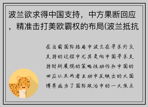 波兰欲求得中国支持，中方果断回应，精准击打美欧霸权的布局(波兰抵抗)