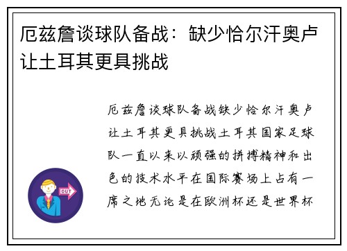 厄兹詹谈球队备战：缺少恰尔汗奥卢让土耳其更具挑战