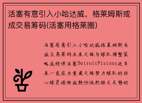 活塞有意引入小哈达威，格莱姆斯或成交易筹码(活塞用格莱圈)