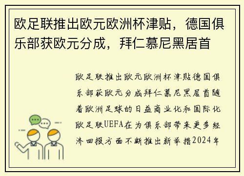 欧足联推出欧元欧洲杯津贴，德国俱乐部获欧元分成，拜仁慕尼黑居首