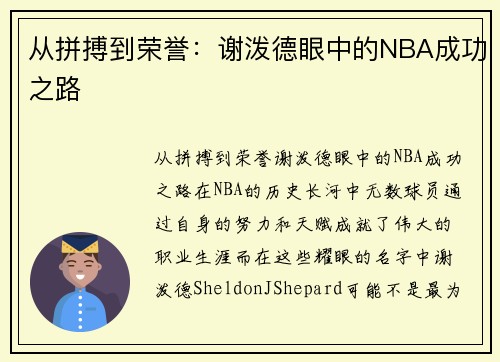 从拼搏到荣誉：谢泼德眼中的NBA成功之路