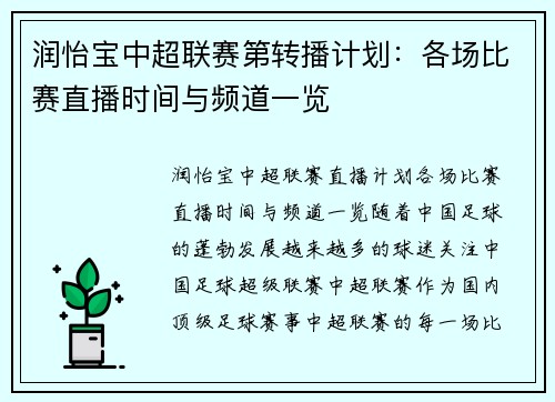 润怡宝中超联赛第转播计划：各场比赛直播时间与频道一览