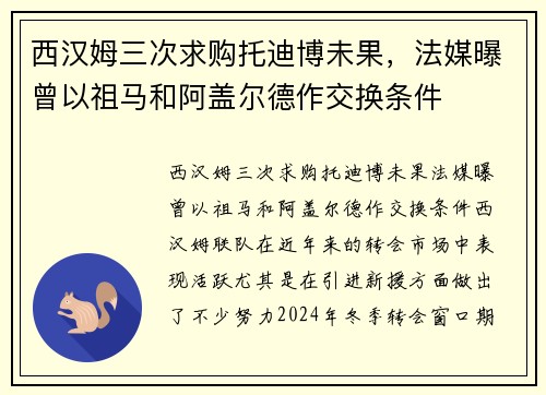 西汉姆三次求购托迪博未果，法媒曝曾以祖马和阿盖尔德作交换条件