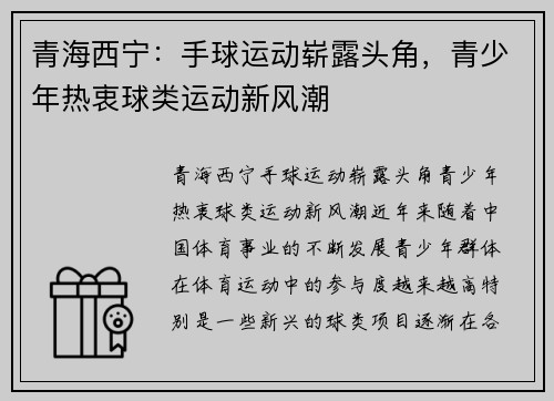 青海西宁：手球运动崭露头角，青少年热衷球类运动新风潮