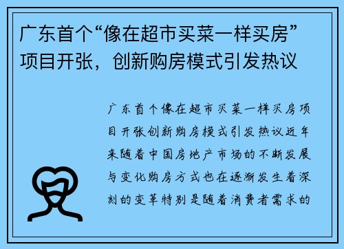 广东首个“像在超市买菜一样买房”项目开张，创新购房模式引发热议