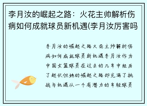 李月汝的崛起之路：火花主帅解析伤病如何成就球员新机遇(李月汝厉害吗)