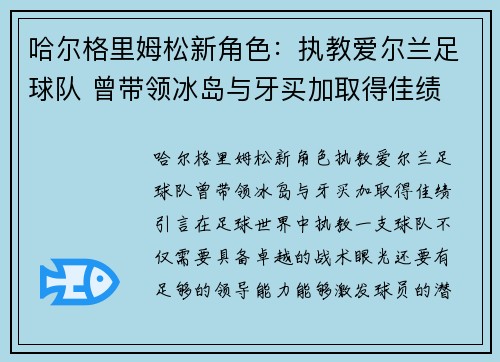 哈尔格里姆松新角色：执教爱尔兰足球队 曾带领冰岛与牙买加取得佳绩