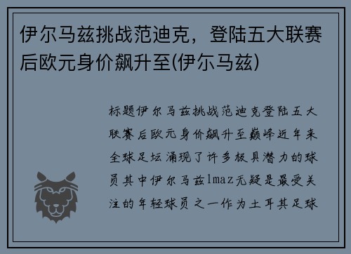 伊尔马兹挑战范迪克，登陆五大联赛后欧元身价飙升至(伊尓马兹)