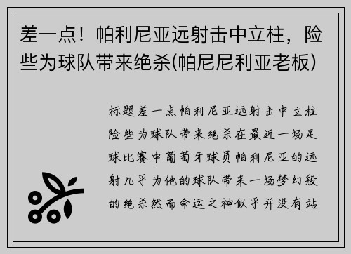 差一点！帕利尼亚远射击中立柱，险些为球队带来绝杀(帕尼尼利亚老板)