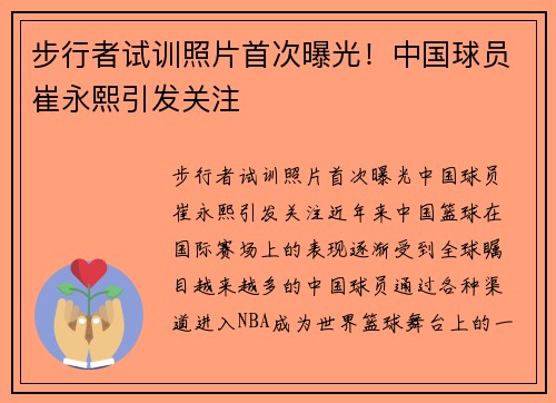 步行者试训照片首次曝光！中国球员崔永熙引发关注