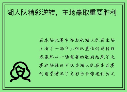 湖人队精彩逆转，主场豪取重要胜利
